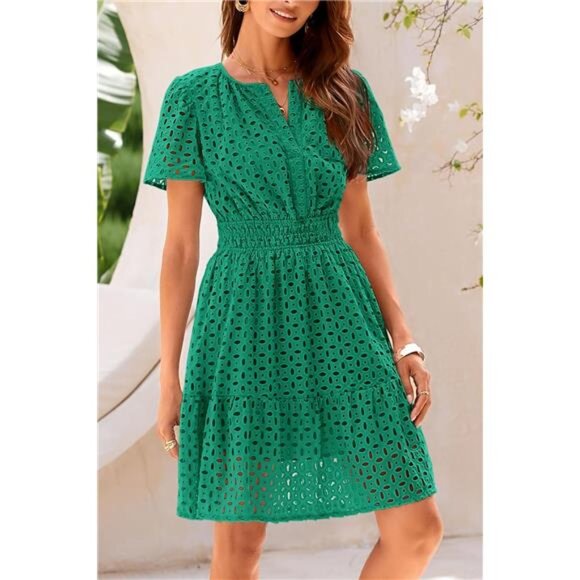 Women Short Dress V Neck Green - Picture 5 of 6